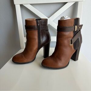 ALDO Leather Round Toe Ankle Heeled Boots with Ankle Straps & Buckle in Brown